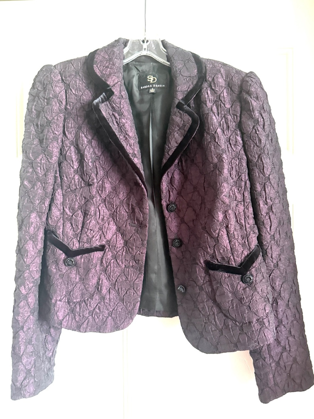 Sandra Darren Plum Quilted Blazer with Black Velvet Trim